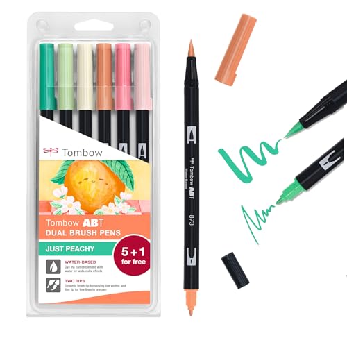 Tombow ABT Dual Brush Pen 5+1, Just Peachy, Stift mit zwei Spitzen, perfekt fürs Hand-Lettering und Bullet Journal, wasservermalbar, 6er Set [ABT-6P-PEACHY] von Tombow