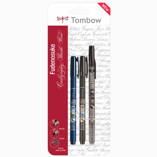 Tombow Brush Pen Fudenosuke, weiche + harte Spitze + Dual Pen (black + grey) Set, schreibfarbe schwarz 3 Stück (1er Pack) von Tombow