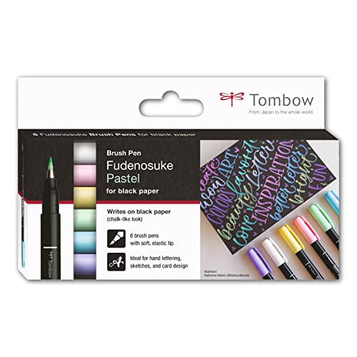 Tombow Fudenosuke Pastel for black paper | 6er Set | 5 trendigen Pastellfarben + weiß | mit Kreideoptik auf schwarzem Papier | weiche, elastische Spitze | für Handlettering & Skizzen [WS-BS-6P] von Tombow
