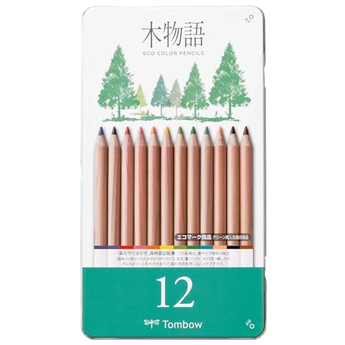 Tombow Ki-Monogatari Eco Farbstift, praktischer Metalldose, PEFC zertifiziert, wachsbasiert, 12er Set [CB-RS-12C] von Tombow