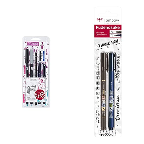 Tombow LS-BEG Lettering Set Beginner 5 Stifte mit Radierer, inklusive Anleitung, 6-teiliges Set & WS-BHS-2P Brush Pen Fudenosuke je 1 x mit Harter und weicher Spitze von Tombow