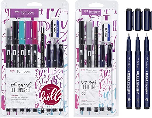 Tombow Lettering Sets"Beginner" 5 Stifte mit Radierer +"Advanced" 9 Stifte + Radierer, inkl. Anleitung, designed Frau Hölle + 3 Mono Drawing Pens (0,1 | 0,3 | 0,5) von Tombow