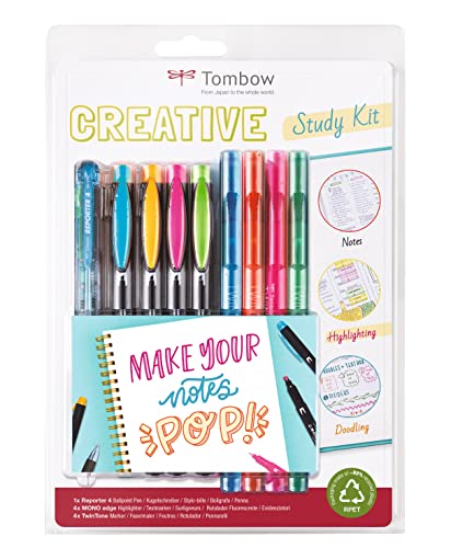 Tombow STUD-SET, Kreatives Set für visuelle Stiche, Selbstorganisierung, Sketchnotes und alle deine Notizen, 8 Marker mit doppelter Spitze & 1 4-Farb-Kugelschreiber, bunt von Tombow