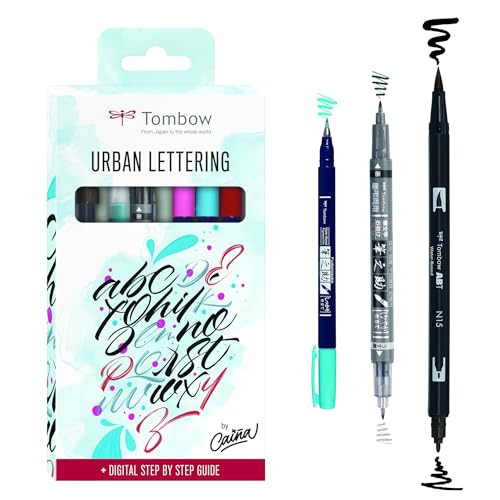 Tombow Urban Lettering Set, Kalligrafie und Handlettering Set mit Fudenosuke Brush Pens ABT Dual Brush Pen inkl. Wassertankpinsel und Anleitung von Iván Caiña [LS-WSBHS] von Tombow