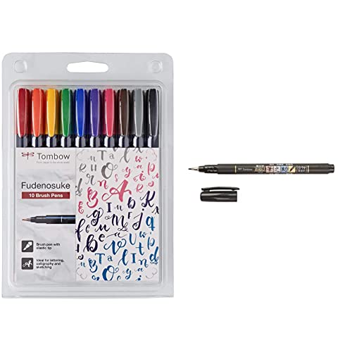 Tombow WS-BH-10P Brush Pen Fudenosuke 10er-Set, bunt, Etui & WS-BH Brush Pen Fudenosuke, harte Spitze, schreibfarbe schwarz, GCD-111 von Tombow