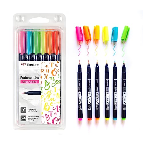 Tombow WS-BH-6P Brush Pen Fudenosuke Neon 6er-Set, harte Spitze, pink, yellow, green, orange, red, blue von Tombow