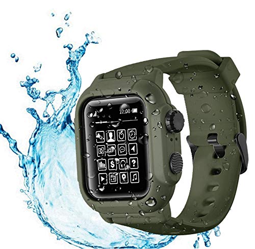 Tomcrazy Wasserdichte Hülle, kompatibel mit Apple Watch Serie 9, 8, 7, 6, SE, 5, 4, 45 mm, 44 mm, IP68, vollständig versiegelte, stoßfeste Abdeckung mit weichem Sport-Uhrenarmband, für iWatch (grün) von Tomcrazy