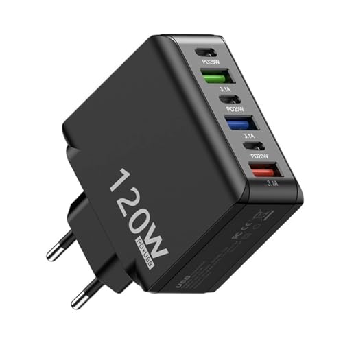 Tomedeks USB Ladegerät Mehrfach,120W 6 Port Schnellladegerät,PD20W+QC 3.0 Schnellladegerät,Ladestecker USB C,Steckdose für iPhone,Samsung,Xiaomi,Huawei（Stil-Upgrade,Schwarz） von Tomedeks