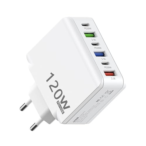 Tomedeks USB Ladegerät Mehrfach,120W 6 Port Schnellladegerät,PD20W+QC 3.0 Schnellladegerät,Ladestecker USB C,Steckdose für iPhone,Samsung,Xiaomi,Huawei（Stil-Upgrade,Weiß） von Tomedeks