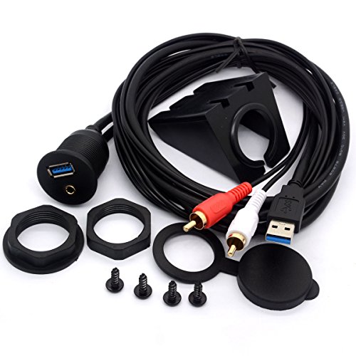 USB RCA Flush Mount Kabel- USB 3.0 & 3.5mm AUX 2 Cinch Stecker auf USB und 1/8 Audio Stereo Buchse Schalttafelmontage Erweiterung Code für Auto Bike Boat Motor (2 M) von Tomost