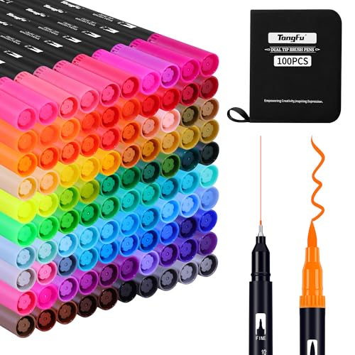 TongFu 100 Filzstifte Set, 1-5 mm/Fineliner 0,4 mm Dual Brush Pen Set, Filzstifte Dicke und Dünne Pinselstifte Aquarell Marker Fineliner für Kalligraphie Handlettering Manga Journal von TongFu