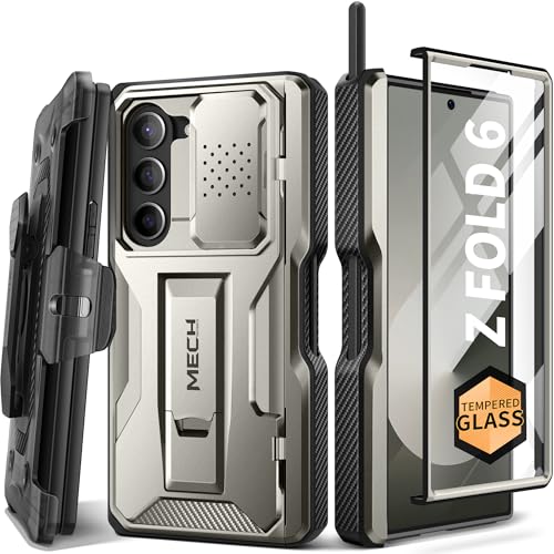 Tongate für Samsung Galaxy Z Fold 6 Hülle, [Mit S Pen Slot & Scharnierschutz][Displayschutz aus gehärtetem Glas] Militärische Vollkörper Handyhülle für Z Fold 6 Case mit Ständer und Gürtelclip, Grau von Tongate