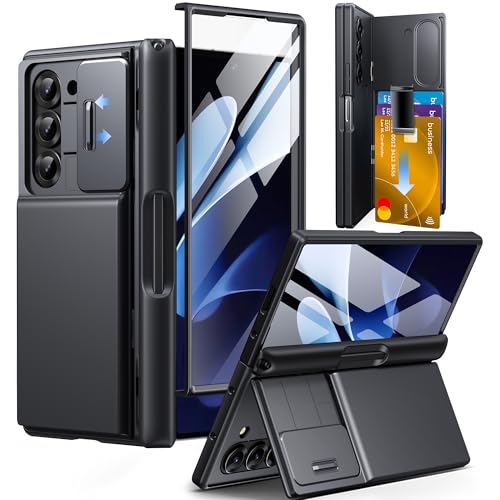 Tongate Hülle für Z Fold 6 mit Glas-Bildschirmschutz, [Kartenhalter] Eingebauter S Pen Halter & Ständer, Kameraabdeckung Scharnier Schutz Z6 Stoßfeste Handyhülle für Samsung Galaxy Z Fold 6, Schwarz von Tongate