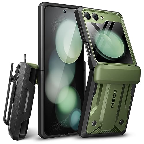 Tongate für Samsung Galaxy Z Flip 5 Hülle (2023), [Scharnierschutz] [eingebauter externer Bildschirmschutz und verstecktes Stativ] Militärische stoßfeste Handyhülle, mit Gürtelclip, Grün von Tongate
