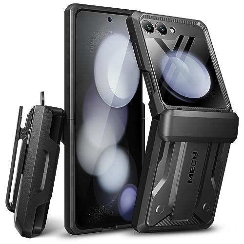 Tongate für Samsung Galaxy Z Flip 5 Hülle (2023), [Scharnierschutz] [eingebauter externer Bildschirmschutz und verstecktes Stativ] Militärische stoßfeste Handyhülle, mit Gürtelclip, Schwarz von Tongate