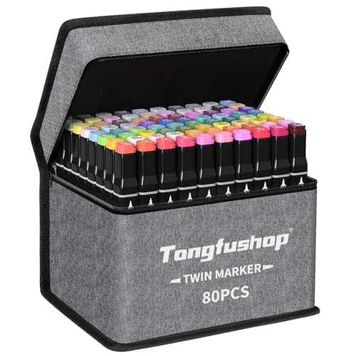 Tongfushop 80+2 Farben Filzstifte, 2 Sekunde Schnell Trocknende Twin Marker, Marker Set für Manga Design und Zeichnen Skizzieren Malerei, Alkohol Stifte mit Grau Tragetasche und Abstandshalter von Tongfushop