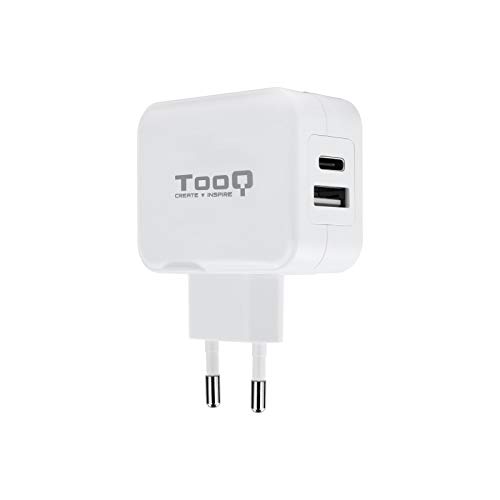 TooQ TQWC-2SC02WT - Wandladegerät mit 2x(USB-C und USB) 27W/5,4A, mit AiPower Technologie, Mobiles Ladegerät für USB und USB-C-Geräte, weiß von TooQ