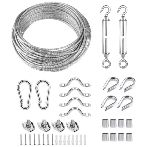 TooTaci Drahtseil 3mm Set, 304 Edelstahl Stahldraht Kabel 7×7, 20M Stahlseil Ummantelt aus Vinyl, Stahlseil mit Ösen,Seilspanner Spanngarnitur,Haken, M3 Crimpschlaufenhülse,für Lichterkette Hängen von TooTaci