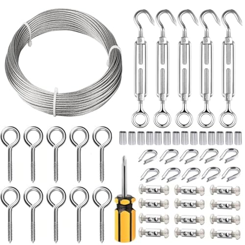 TooTaci Edelstahl-Gartendrahtset 30M – 1,5mm Drahtseil, M5 Spannschrauben, Augenschrauben für Rankpflanzen, Außenbeleuchtung, Spaliersysteme von TooTaci