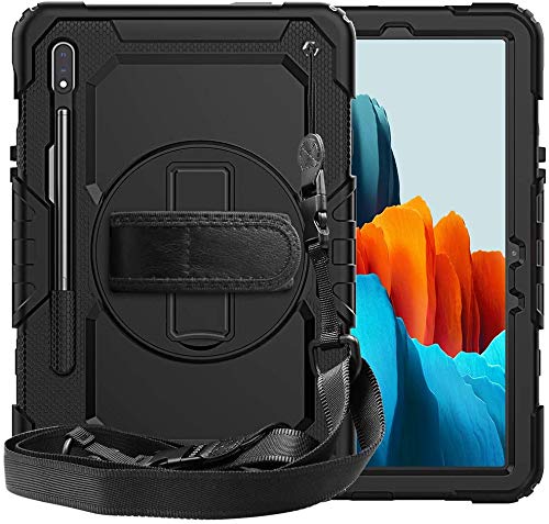 Tablet-Hülle für Samsung Galaxy S7 T870 / T875, Rugged Shockproof Case mit 360° Stand, Bleistifthalter, Handschlaufe und Schultergurt (Schwarz) von Tooktro