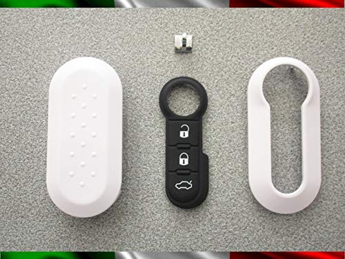 TOPBEST Schlüsselcover + Gummitasten + Schlüsselanhänger kompatibel mit FIAT 500, Grande Punto, Evo, Bravo, Panda, 500L, Lancia Y Ypsilon, Musa, Delta - Weiß von TopBest