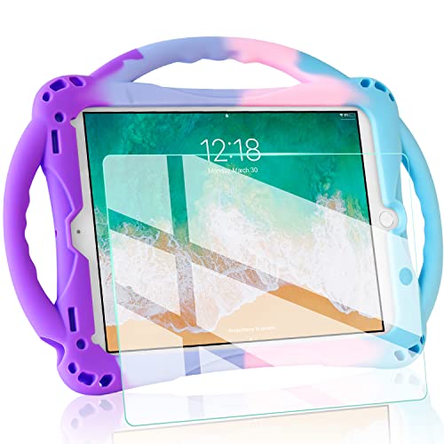 TopEsct Schutzhülle für iPad 6/iPad 5, Kinder-Schutzhülle für das Neue iPad 2017/2018, 9,7 Zoll (24,6 cm), mit Glas-Displayschutzfolie und Riemen, stoßfest, iPad Air & Air 2 (Violett und Himmelblau) von TopEsct