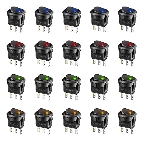 20 Stück 12 V Schalter, 5 Farben 20 A 12 Volt Auto Schalter LED Wippschalter Auto Lichtschalter Schalter Runde Automotive Beleuchteter Schalter Ein/Aus-Kippschalter von TopHomer