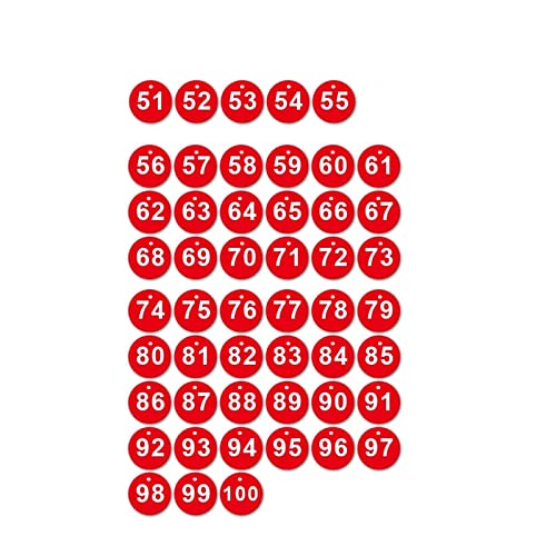 Gravierte Nummernschilder, Tischplatten, runde Schlüsselnummernschilder aus Kunststoff, Nummern-Schlüsselanhänger, Schlüsselanhänger (Rote Nummer 51-100) von TopHomer