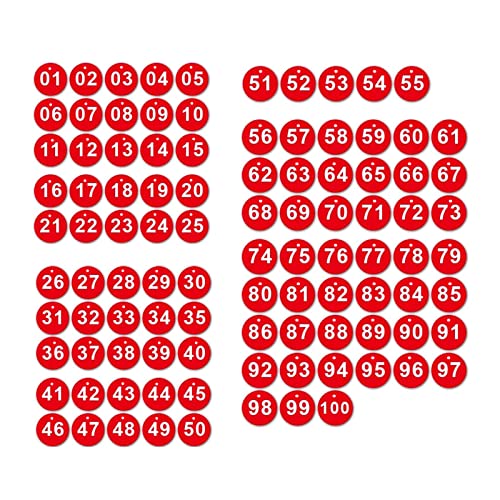 Gravierte Nummernschilder, Tischplatzteller, runde Schlüsselnummernschilder aus Kunststoff, Nummernschilder, Schlüsselanhänger, Tischschilder, Schlüsselanhänger für Hochzeitsfeier (Rote Zahl 1-100) von TopHomer