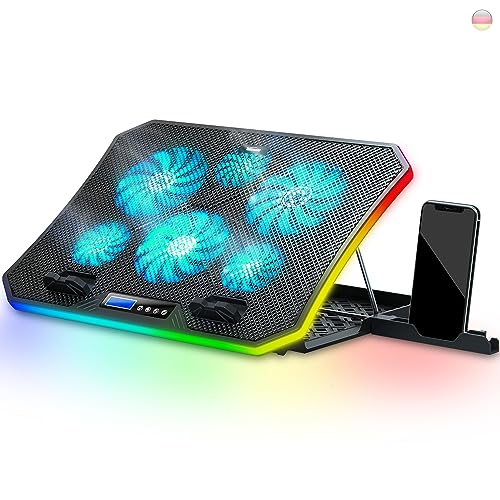 TopMate C12 Kühler RGB Gaming Notebook Kühlpads für Schreibtisch und Schoß, Ständer 8 Höhenverstellbar mit 6 Leisen Lüfter+Handyständer, für 15,6-17 Zoll Laptop-EisBlau LED Licht von TopMate