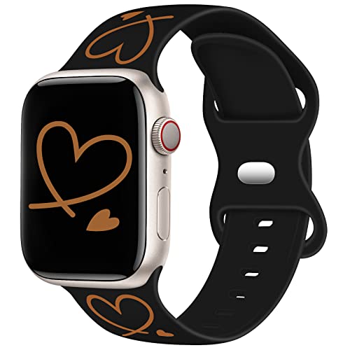 TopPerfekt Armband kompatibel mit Apple Watch Armbändern 42 44 45 49mm, weiches Silikon, goldfarbenes Herzmuster, bedruckte Sportarmbänder mit für iWatch Series Ultra SE 8 7 6 5 4 3 2 1 für Damen von TopPerfekt