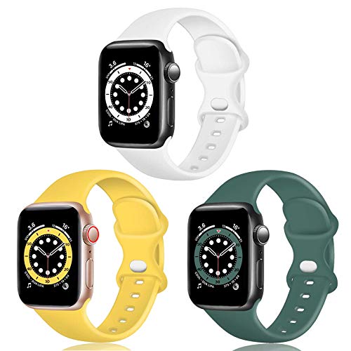 TopPerfekt Armband kompatibel mit Apple Watch Armband 42 mm 44 mm 45mm, weiches Silikon Ersatzarmband für iWatch Serie SE, 6, 5, 4, 3, 2, 1 (42mm/44mm/45mm-M/L, Weiß/Gelb/Olivgrün) von TopPerfekt