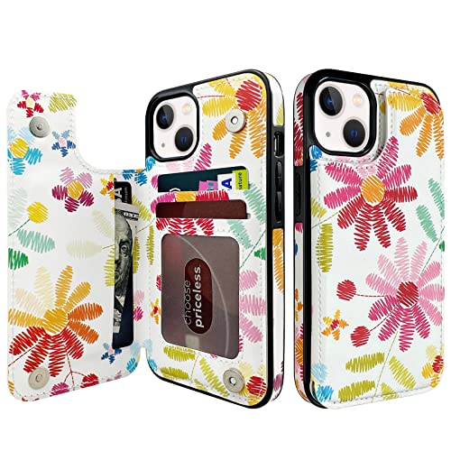 TopPerfekt Flip Leder iPhone 13 Hülle mit Kartenhalter kompatibel mit iPhone 13 6.1" Frauen und Mädchen mit Portemonnaie Ständer Doppelter Magnetverschluss Blumenmuster von TopPerfekt
