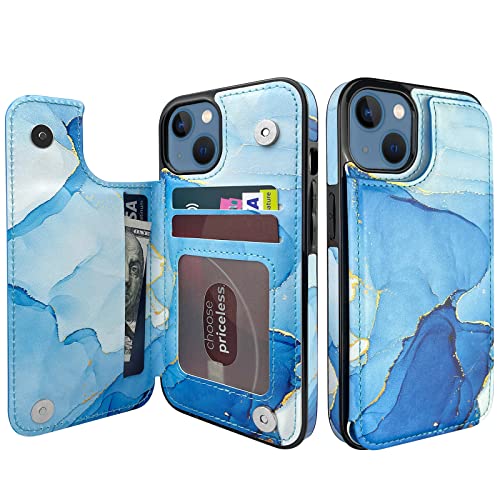 TopPerfekt Flip Leder iPhone 13 Hülle mit Kartenhalter kompatibel mit iPhone 13 6.1" Frauen und Mädchen mit Portemonnaie Ständer Doppelter Magnetverschluss Blaues Marmormuster von TopPerfekt