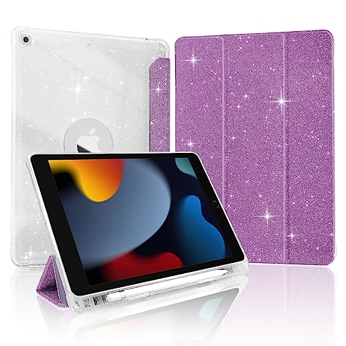 TopPerfekt Klare Hülle für iPad 9. / 8. / 7. Generation (2021/2020/2019) 10,2 Zoll - Glitzer Glänzend Sparkly Cover mit transparenter Rückschale, [Stifthalter, Auto Sleep/Wake] Lila von TopPerfekt