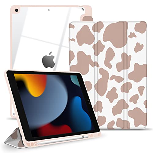TopPerfekt Hybrid-Schutzhülle für iPad 9.,8.,7. Generation (2021,2020,2019) 10.2 Zoll – [integrierter Stifthalter] stoßfeste Abdeckung mit transparenter Rückseite,Wachfunktion, braune Kuh von TopPerfekt
