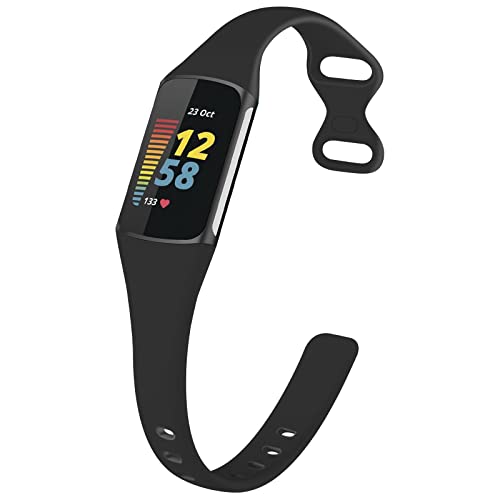 TopPerfekt Slim Bands Kompatibel mit Fitbit Charge 5 Damen Herren, Verstellbares Weiches Silikon Sport Ersatz Uhrenarmband Armbänder Armband für Charge 5 (Schwarz) von TopPerfekt