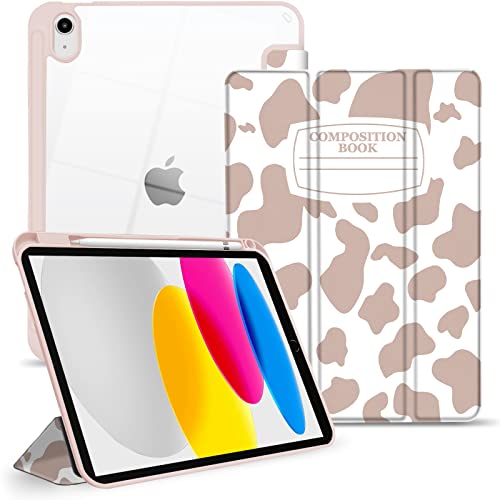 TopPerfekt iPad 10. Generation Hybrid Hülle 2022 10.9 Zoll 2022 A2757 A2777 A2696, TPU Stoßfester Rahmen und Schutzhülle Lederhülle [Eingebauter Stifthalter, unterstützt Auto Sleep/Wake] Braune Kuh von TopPerfekt