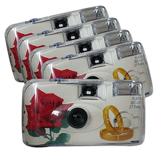 TopShot 376090 Golden Roses Einwegkamera 40027 mit eingebautem Blitzgerät Paket mit 5 Kameras weiß von TopShot