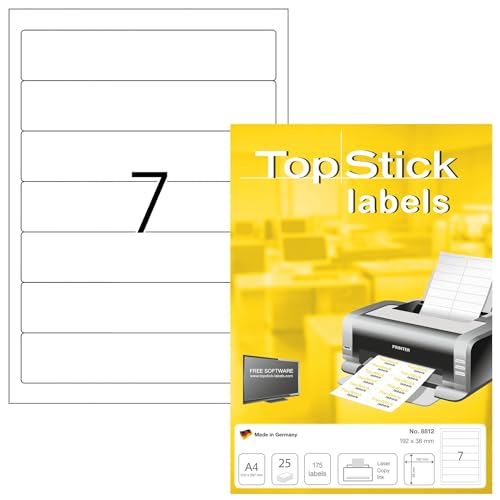 TopStick 8812 Ordnerrücken Etiketten kurz schmal, 800 Blatt, 192 x 38 mm, 7 pro A4 Bogen, 5600 Stück, selbstklebend, bedruckbar, blickdicht, blanko Papier Ordneretiketten Rückenschilder Aufkleber weiß von TopStick