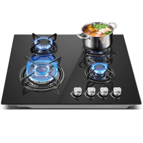 TopStrong Gaskochfeld 4 Flammig, 60cm Gaskochfeld Gasherd mit Automatischer Thermoelementschutz, Einbau 4 Zonen Glas Gaskochfeld，8060W, 220-240V，Erdgas/Propangas von TopStrong