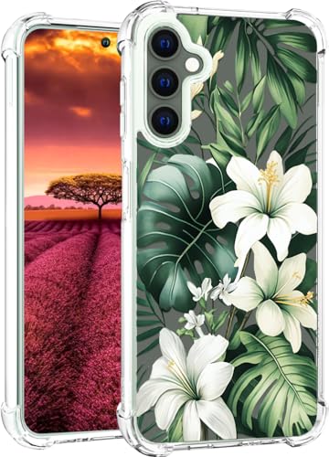 Topgraph Schutzhülle für Samsung Galaxy S23, niedlich, transparent, für Damen und Mädchen, Designer-Schutzhülle, Design (grüner, tropischer weißer Hibiskus) von Topgraph