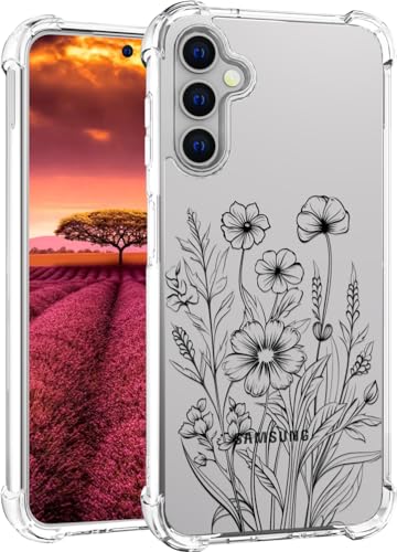 für S24+ Plus Hülle, Transparent Blume Muster Schutzhülle für Frauen Mädchen Kratzfeste Rückseite HandyHülle Case für Samsung Galaxy S24 Plus (Botanische Schwarze Blumen) von Topgraph