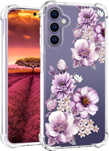 für S24+ Plus Hülle, Transparent Blume Muster Schutzhülle für Frauen Mädchen Kratzfeste Rückseite HandyHülle Case für Samsung Galaxy S24 Plus (Lila große Pfingstrosenblüten) von Topgraph