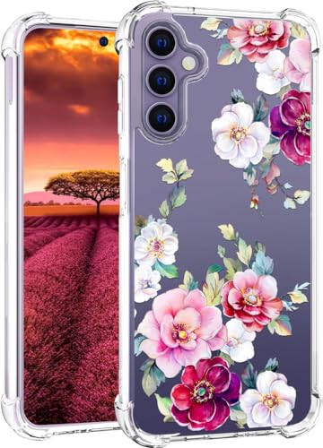 für S24+ Plus Hülle, Transparent Blume Muster Schutzhülle für Frauen Mädchen Kratzfeste Rückseite HandyHülle Case für Samsung Galaxy S24 Plus (Rotrosa Kamelie) von Topgraph