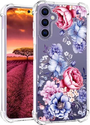 für S24 Hülle, Transparent Blume Muster Schutzhülle für Frauen Mädchen Kratzfeste Rückseite HandyHülle Case für Samsung Galaxy S24 (Blaue rote Blume) von Topgraph