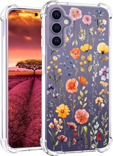 für S24 Hülle, Transparent Blume Muster Schutzhülle für Frauen Mädchen Kratzfeste Rückseite HandyHülle Case für Samsung Galaxy S24 (Gelbe Wildblumen und Pflanzen) von Topgraph