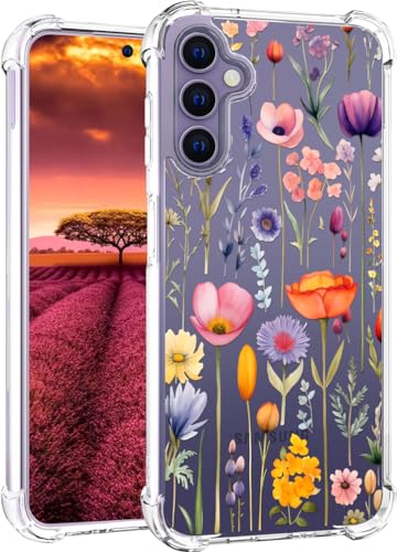 für S24 Hülle, Transparent Blume Muster Schutzhülle für Frauen Mädchen Kratzfeste Rückseite HandyHülle Case für Samsung Galaxy S24 (Rosa-lila Kräuterblumen) von Topgraph