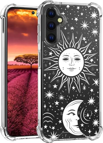 für S24 Hülle, Transparent Blume Muster Schutzhülle für Frauen Mädchen Kratzfeste Rückseite HandyHülle Case für Samsung Galaxy S24 (Weißer Mond, Sonnensterne) von Topgraph