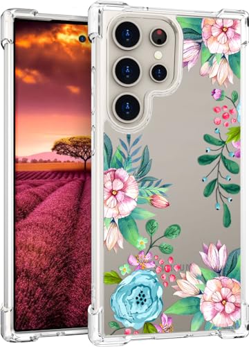 für S24 Ultra Hülle, Transparent Blume Muster Schutzhülle für Frauen Mädchen Kratzfeste Rückseite HandyHülle Case für Samsung Galaxy S24 Ultra (Blaue Jasminblüten) von Topgraph